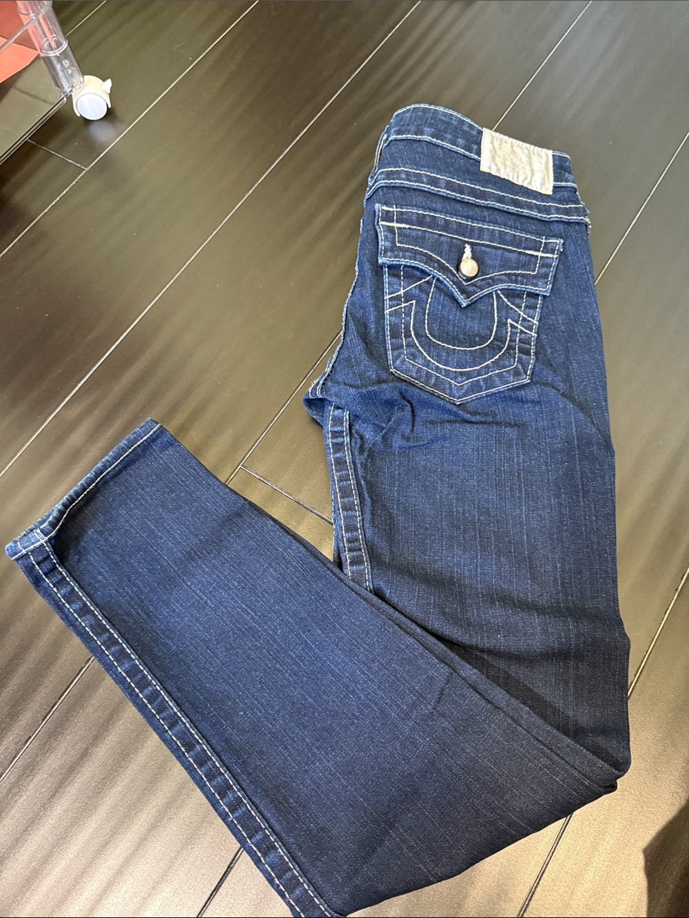 True Religion Indigo Skinny Jeans with Contrast Stitching pearl buttons